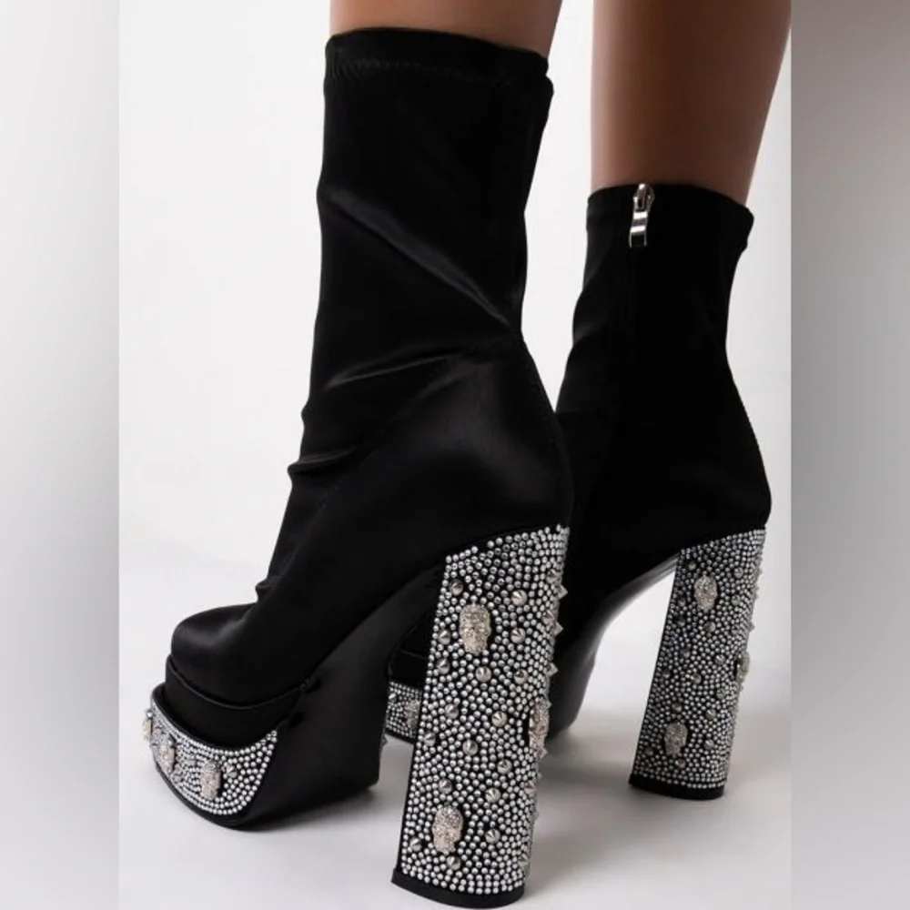 Azalea Wang Embellished Diamond Skull Wedge Sock Platform Heel Booties